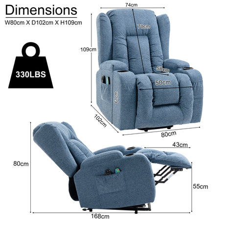 image of heated armchair positions, showing key dimensions: upright (H109, W80, D102cm), and reclined (L168cm H80cm)