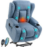 Blue liftup massage recliner chair fabric  highlighting heat, massage, and cup holder features.