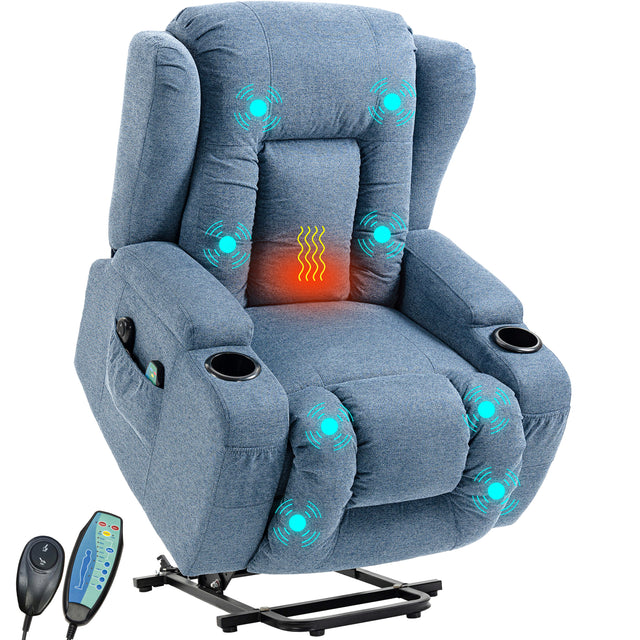 Blue liftup massage recliner chair fabric  highlighting heat, massage, and cup holder features.