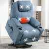Light blue electric riser recliner armchair highlighting heat, massage, cup holder, and remote functions.
