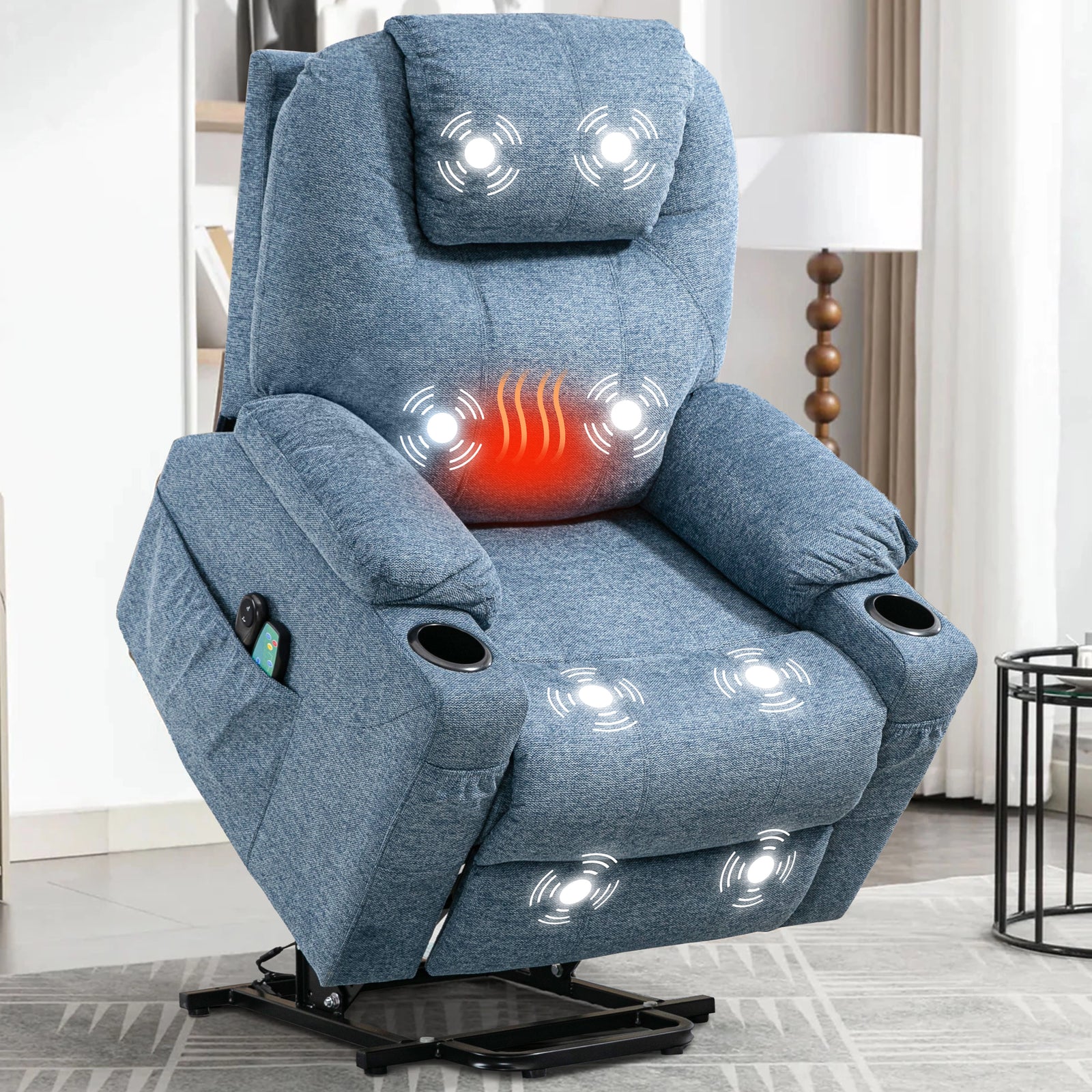 [Blue] Light blue electric riser recliner armchair highlighting heat, massage, cup holder, and remote functions.