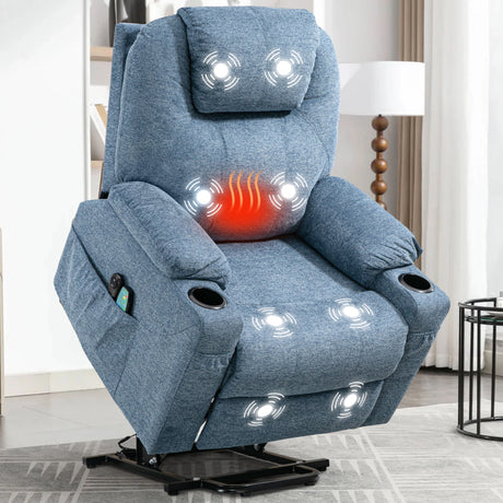 Light blue electric riser recliner armchair highlighting heat, massage, cup holder, and remote functions.