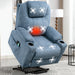 Light blue electric riser recliner armchair highlighting heat, massage, cup holder, and remote functions.