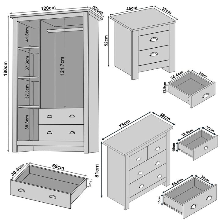 [Blue] bedroom set dimensions: wardrobe 120x52x180cm chest 75x38x81cm bedside 45x37x52cm