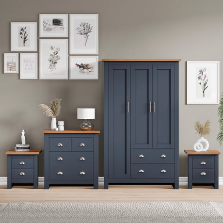 [Blue] shaker 4 piece bedroom set styled against grey wall with gallery art and matching oak tops