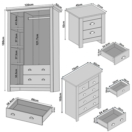 [Blue] bedroom set dimensions: wardrobe 120x52x180cm chest 75x42x102cm bedside 45x37x52cm