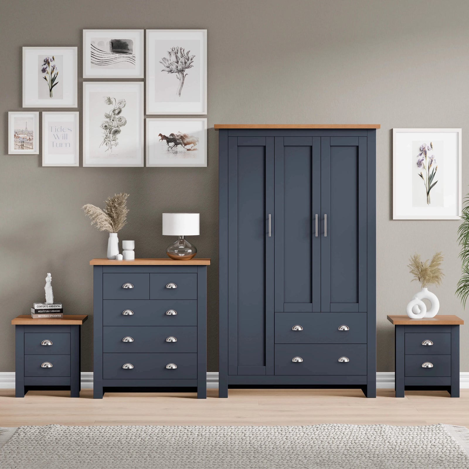 [Blue] 4 piece bedroom set styled against grey wall with gallery art and decor