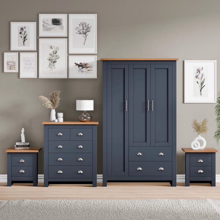 [Blue] 4 piece bedroom set styled against grey wall with gallery art and decor