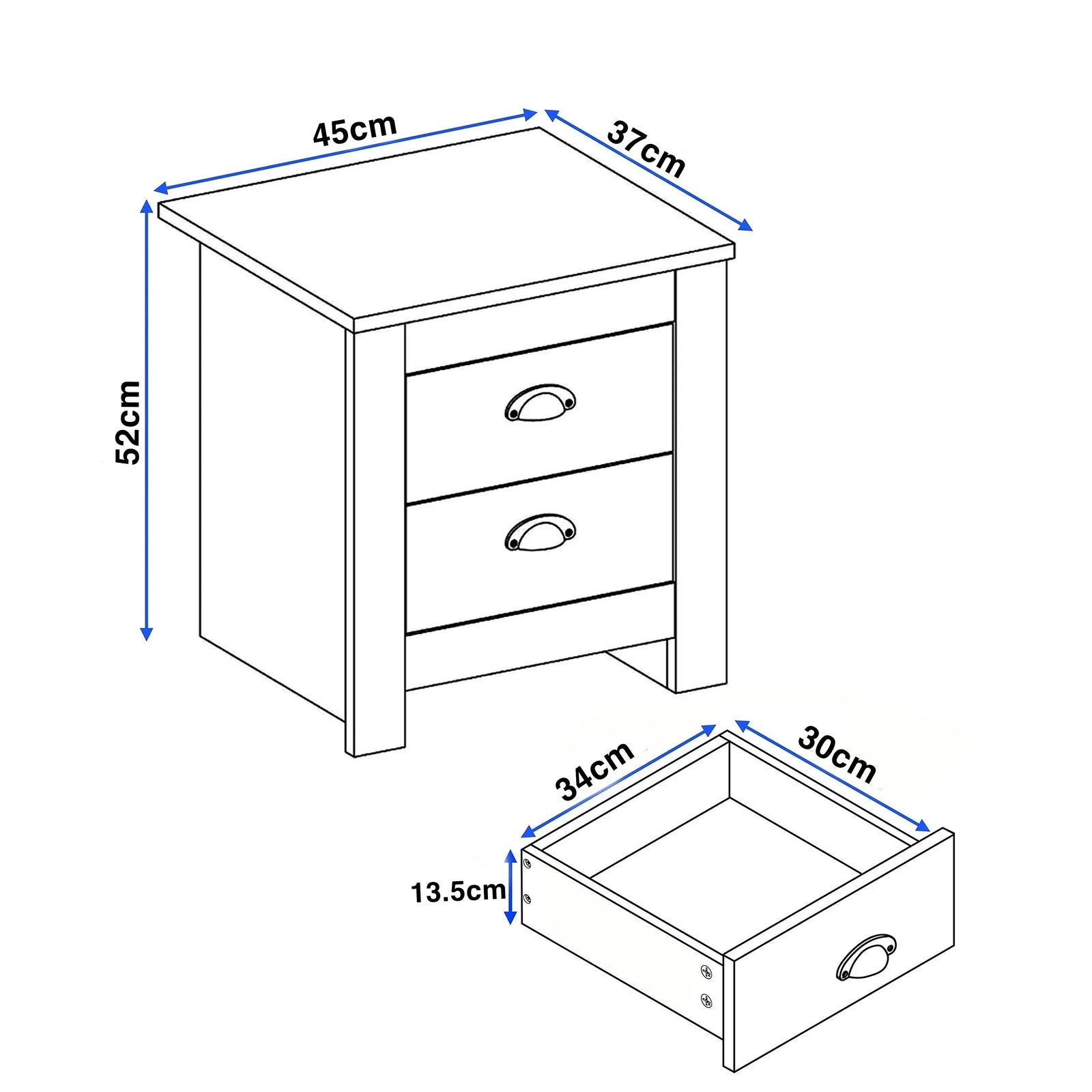 [Blue] shaker bedside table dimensions diagram cabinet 45cm wide 37cm deep 52cm tall drawer 34x30x13.5cm