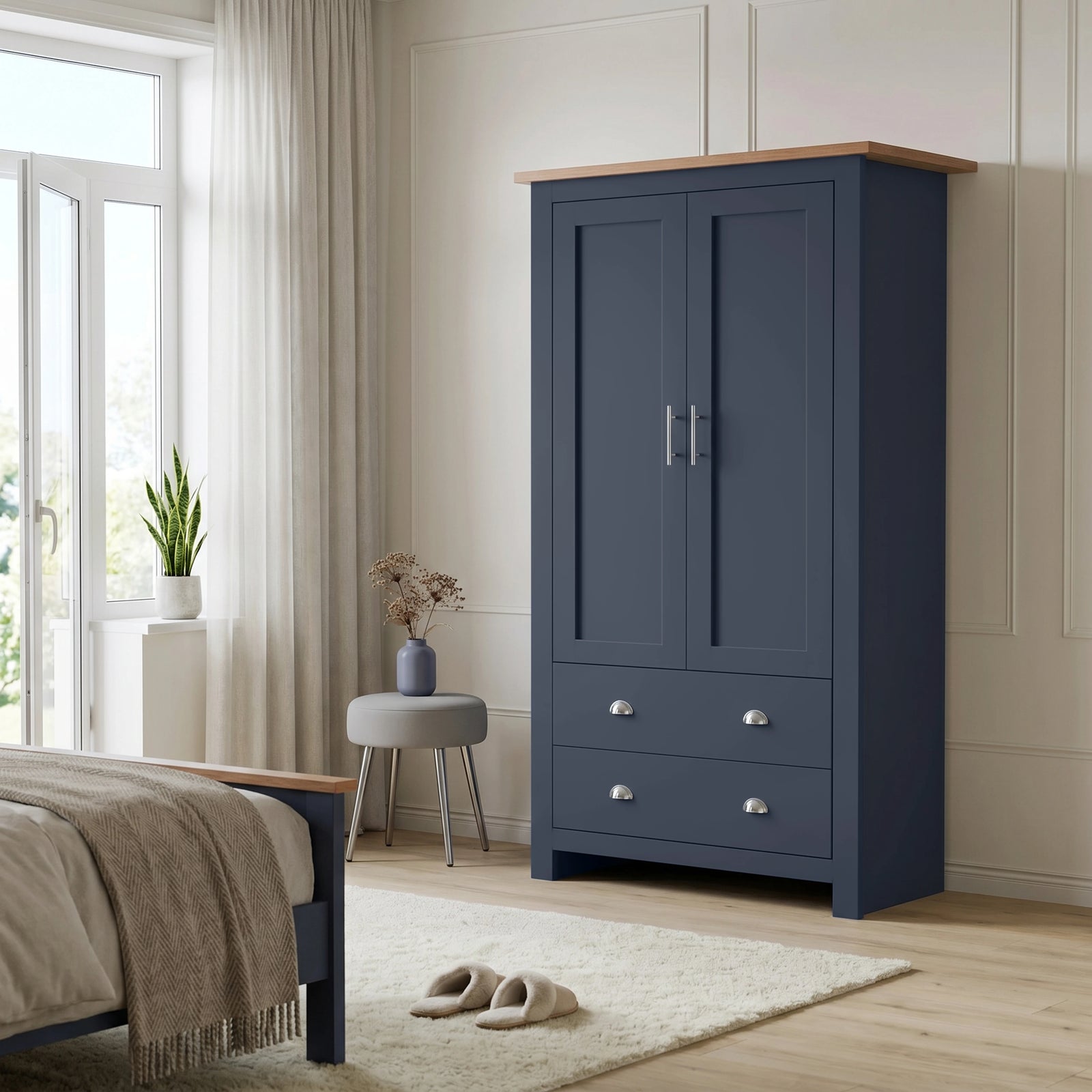[Blue] Shaker wardrobe in bedroom with closed double doors, oak top, lower drawers, window, stool, bed, and slippers.