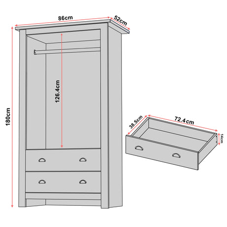 [Blue] double door wardrobe dimensions: 180cm height x 86cm width x 52cm depth, hanging height 126.4cm, drawer 72.4x38.5x14cm
