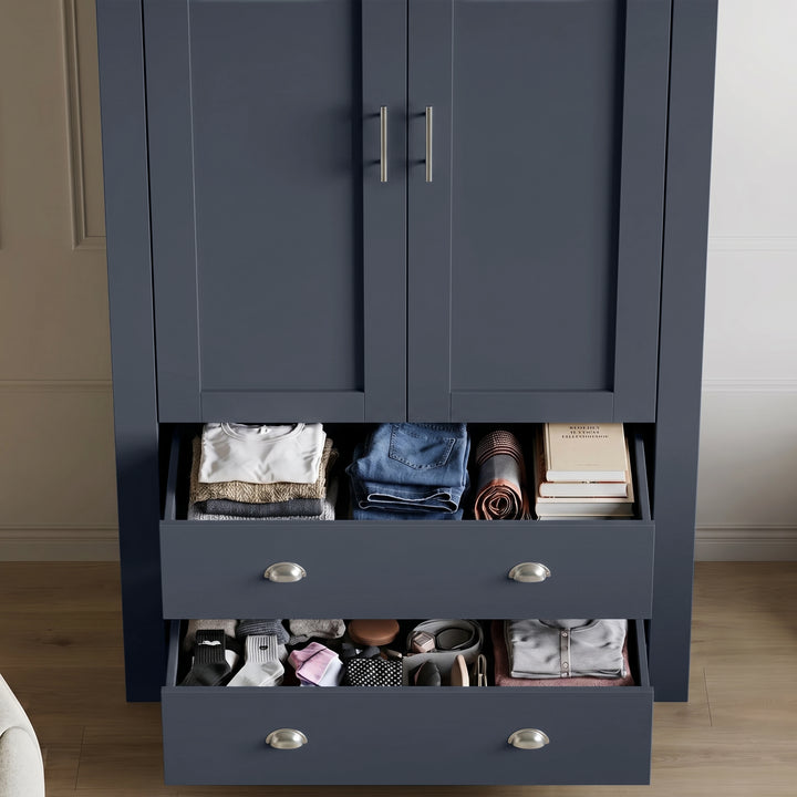 [Blue] Shaker wardrobe drawer detail with folded clothes, books, socks, accessories, cup handles, and panel doors.