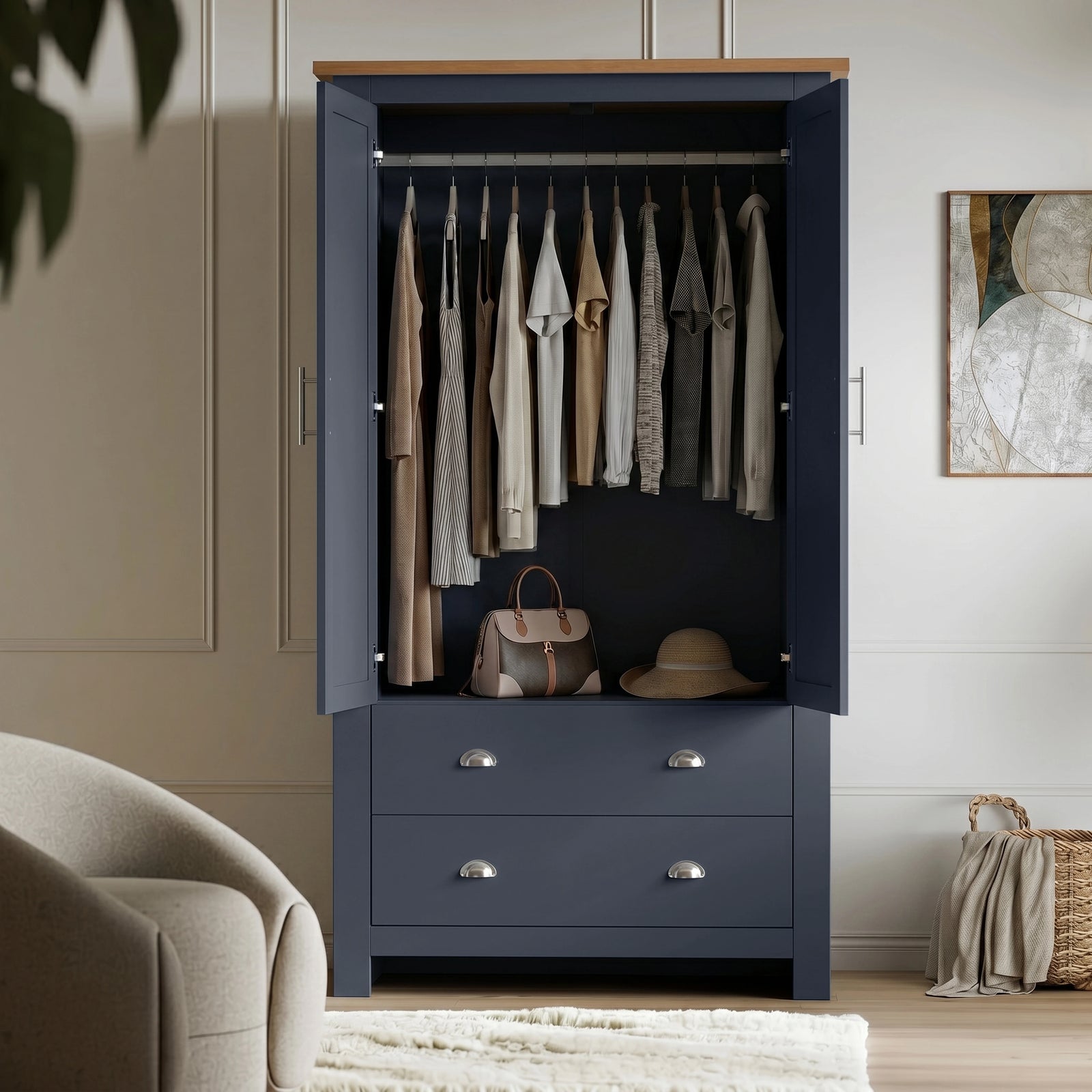 [Blue] Shaker wardrobe with doors open, showing hanging rail, clothing, handbag, hat, lower drawers, and wall art.