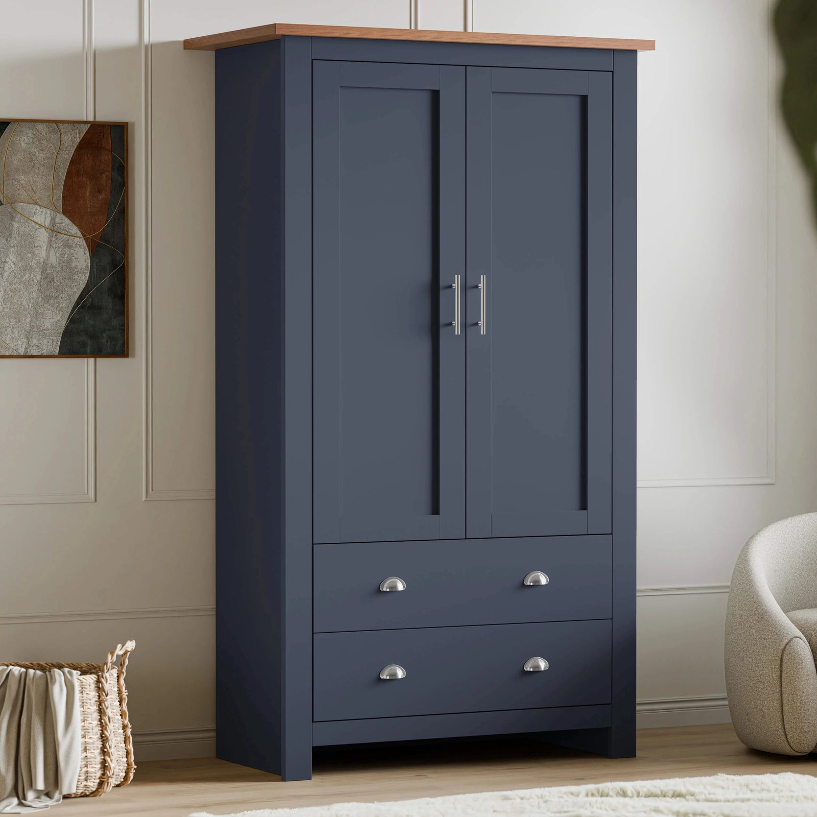[Blue] Angled blue Shaker double wardrobe with silver handles, oak top edge and basket alongside