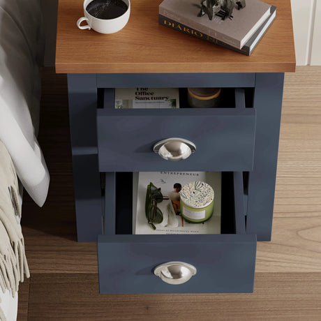 [Blue] close up of shaker oak effect top surface with silver cup handles on drawers