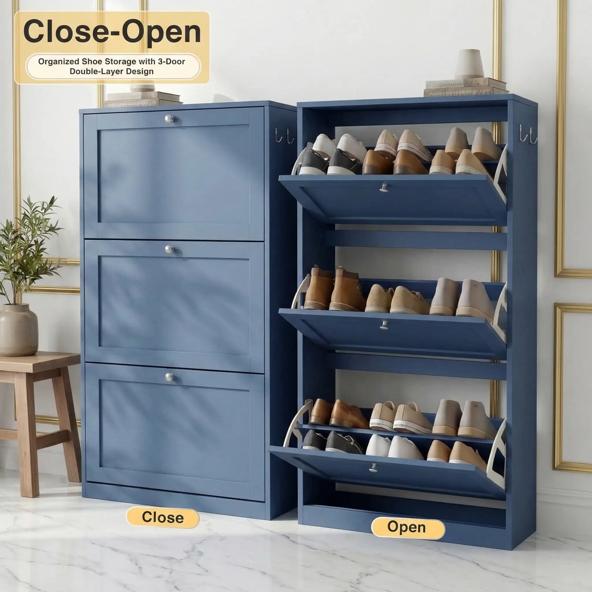 [Blue] Shaker Shoe Cabinet close and open split view showing three flip-front doors and double-layer internal storage shelves with shoes