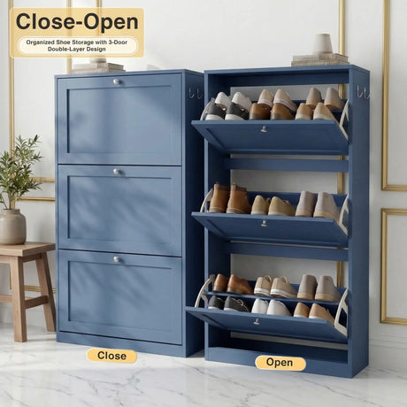 [Blue] Shaker Shoe Cabinet close and open split view showing three flip-front doors and double-layer internal storage shelves with shoes