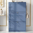 [Blue] Shaker Shoe Cabinet closed three-door flip-front unit against white panelled wall with woven basket and linen tote bag alongside