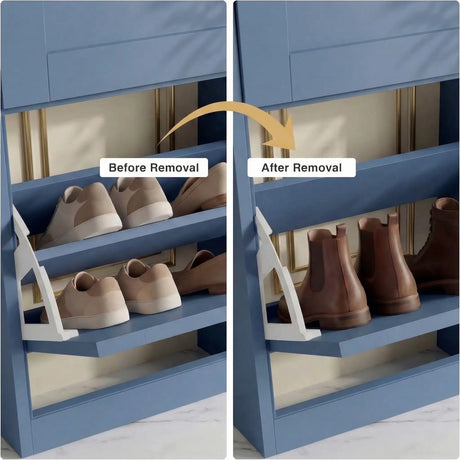 [Blue] Shaker Shoe Cabinet compartment showing removable internal shelf before and after removal to fit taller ankle boots