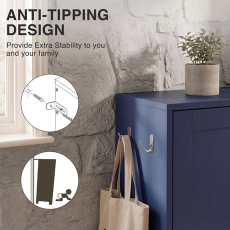 Blue shoe cabinet anti-tipping safety design with wall anchor support for enhanced stability and side two hooks