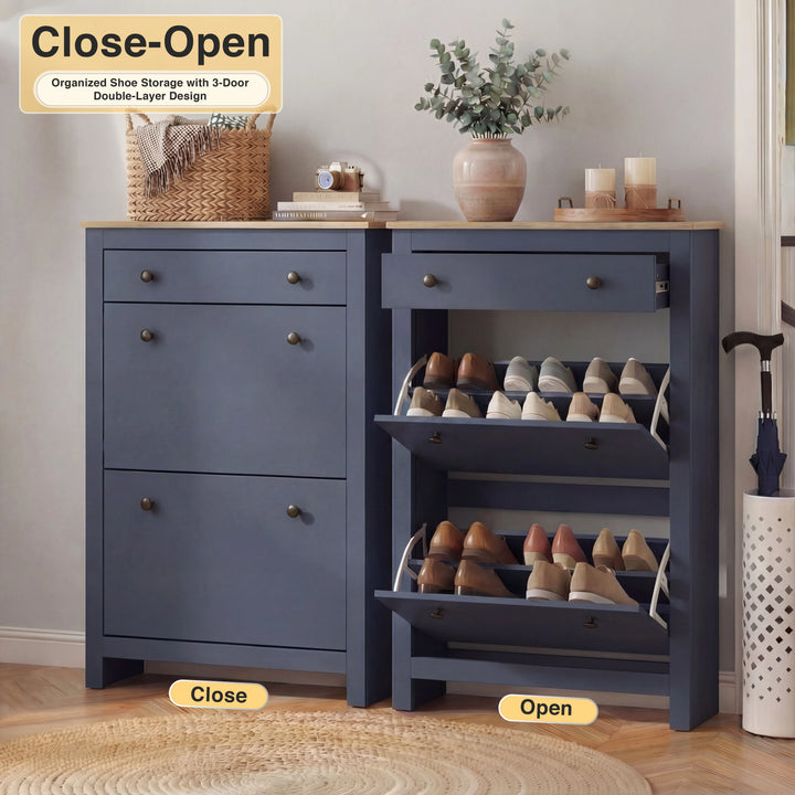 [Blue] 2 Door Shoe Cabinet with Drawer – Slim Hallway Storage Unit side-by-side view showing closed and open states.