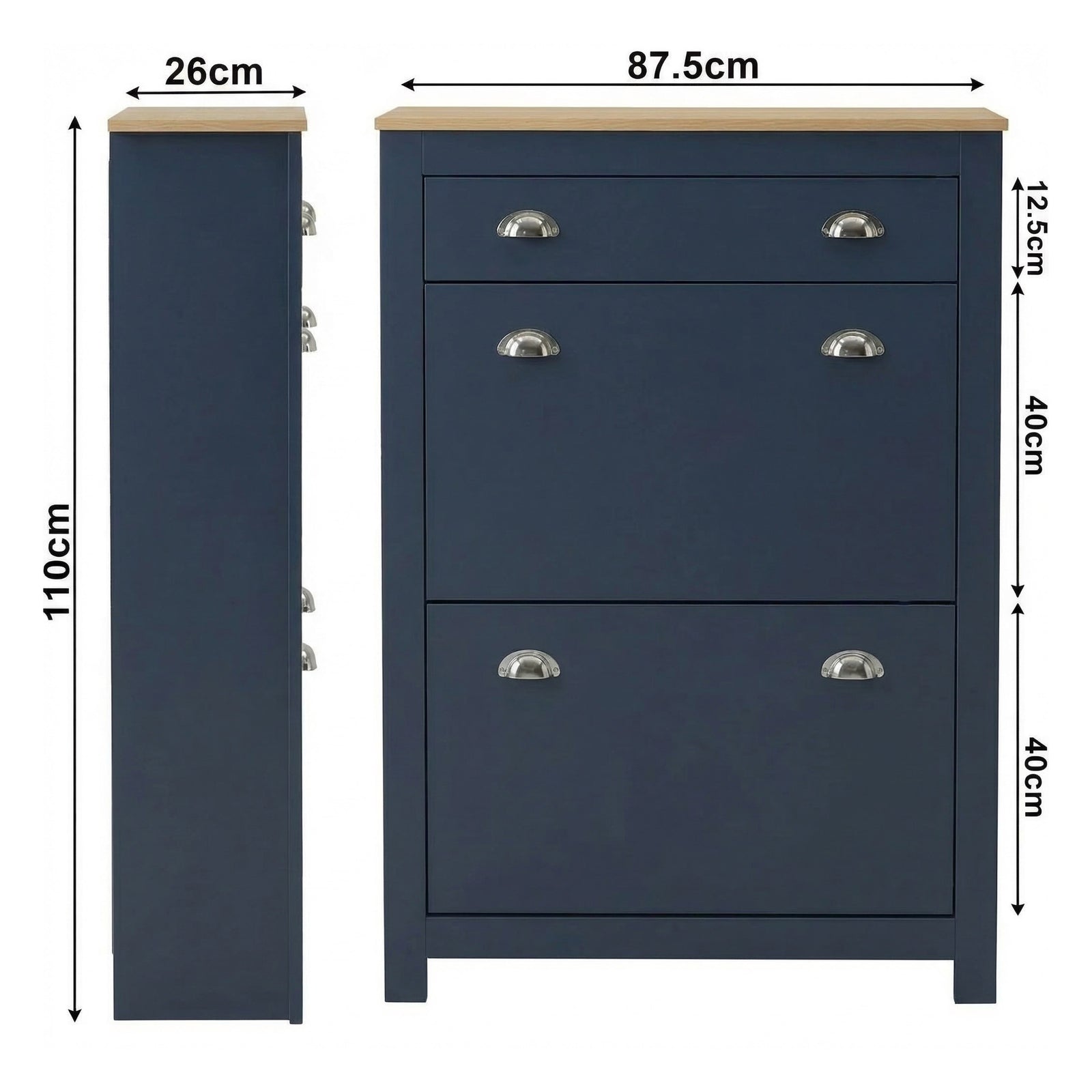 [Blue] Shoe Cabinet With Drawer dimension diagram showing 87.5cm width, 26cm depth, and 110cm height with drawer and two flip-door