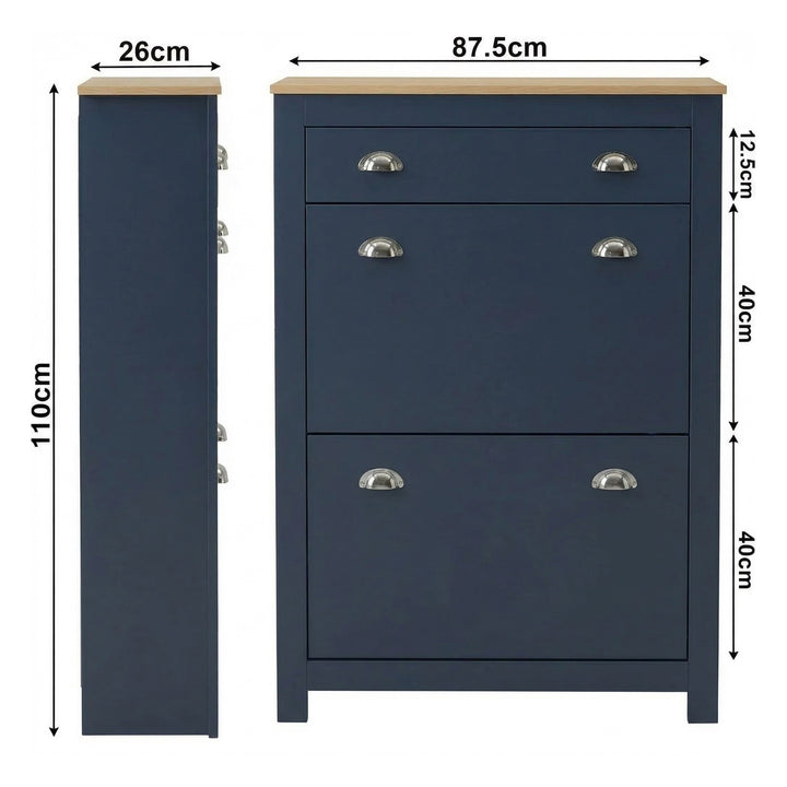 [Blue] Shoe Cabinet With Drawer dimension diagram showing 87.5cm width, 26cm depth, and 110cm height with drawer and two flip-door