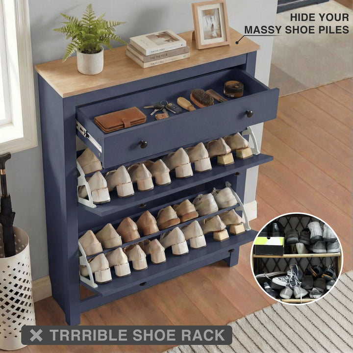 [Blue] 2 Door Shoe Cabinet with Drawer – Slim Hallway Storage Unit angled view fully open displaying organized shoes.