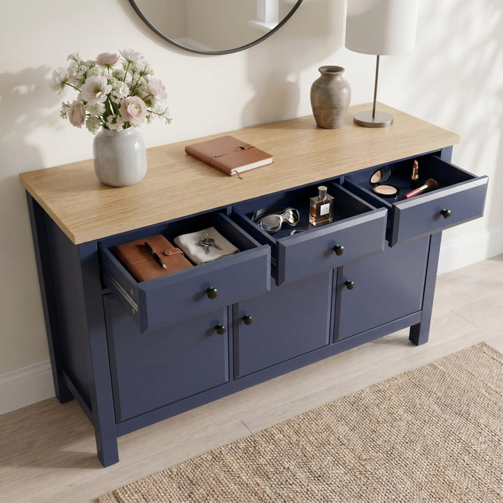 [Blue] Blue 3 Door Sideboard with 3 Drawers, 135cm Oak Veneer Top high-angle view with three top drawers open.