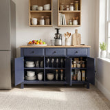 [Blue] Blue 3 Door Sideboard with 3 Drawers, 135cm Oak Veneer Top kitchen storage with three doors open.