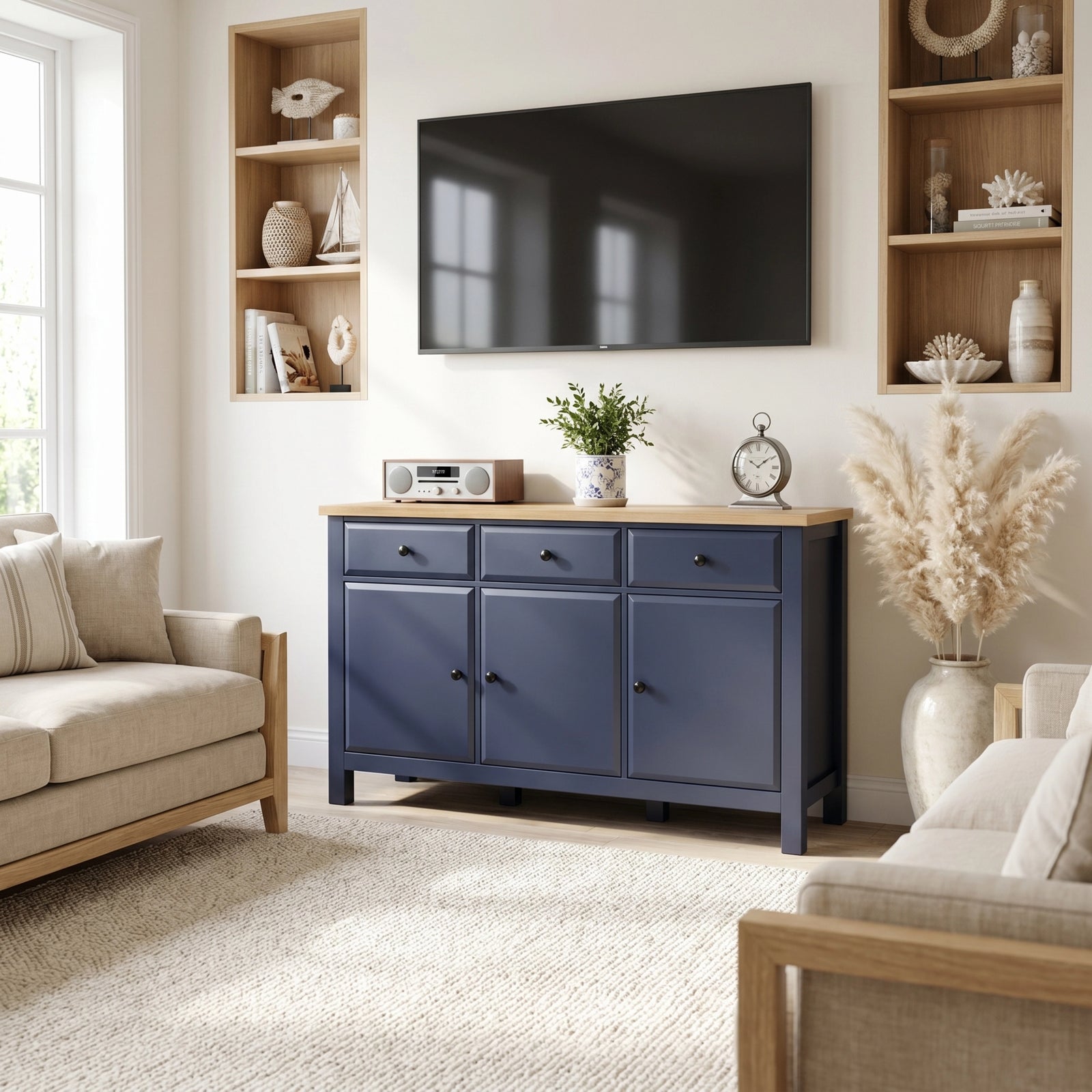 [Blue] Blue 3 Door Sideboard with 3 Drawers, 135cm Oak Veneer Top used as a console below a wall TV.
