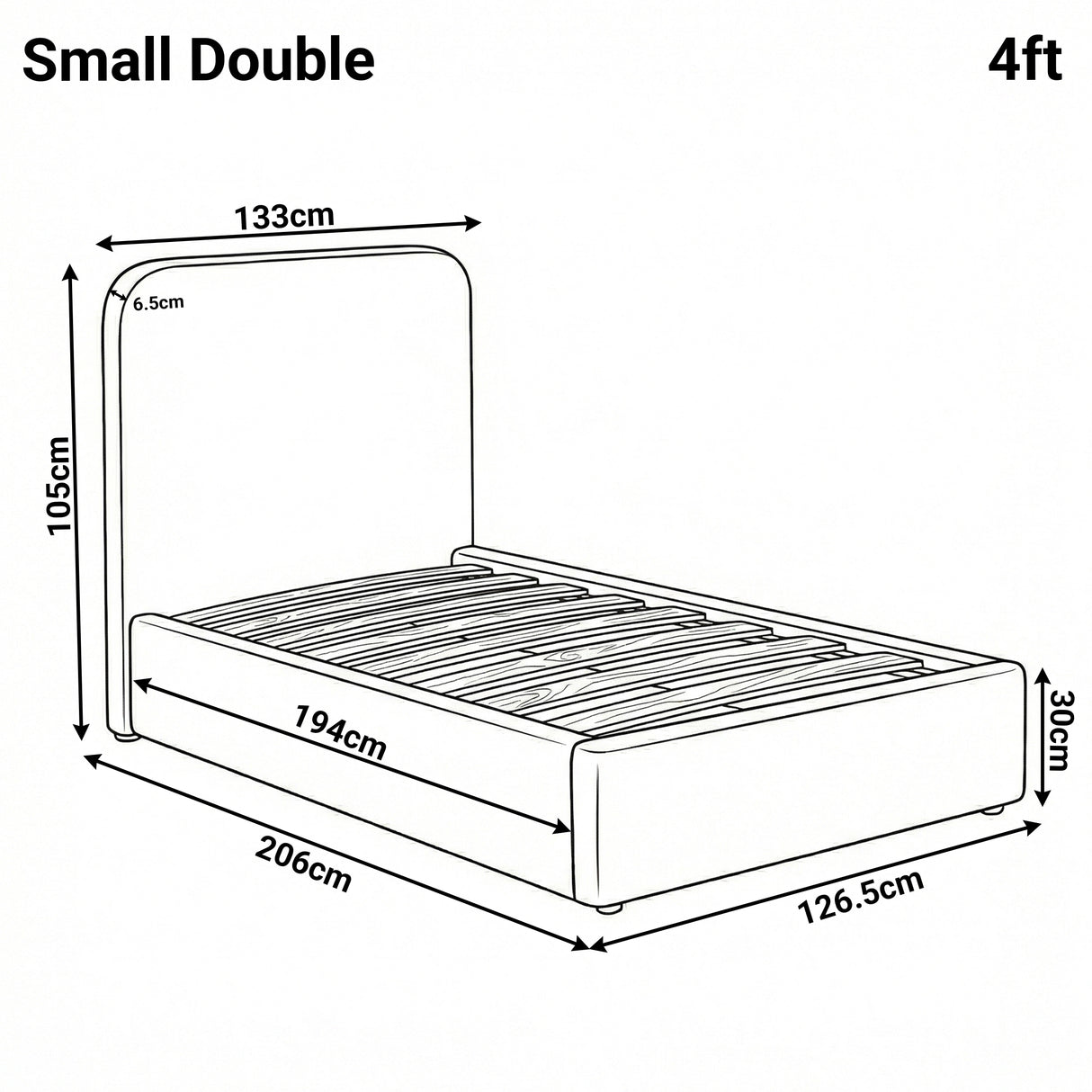 Small double ottoman bed diagram displaying height 105 cm, width 133 cm, and length 206 cm