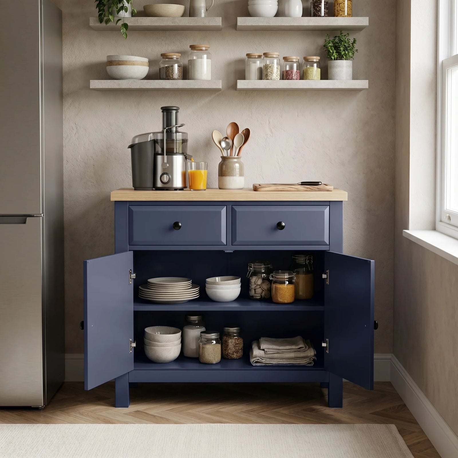 [Blue] Haven Small Blue Sideboard with Drawers & Oak Top, Painted Finish kitchen setup with both cupboard doors open.