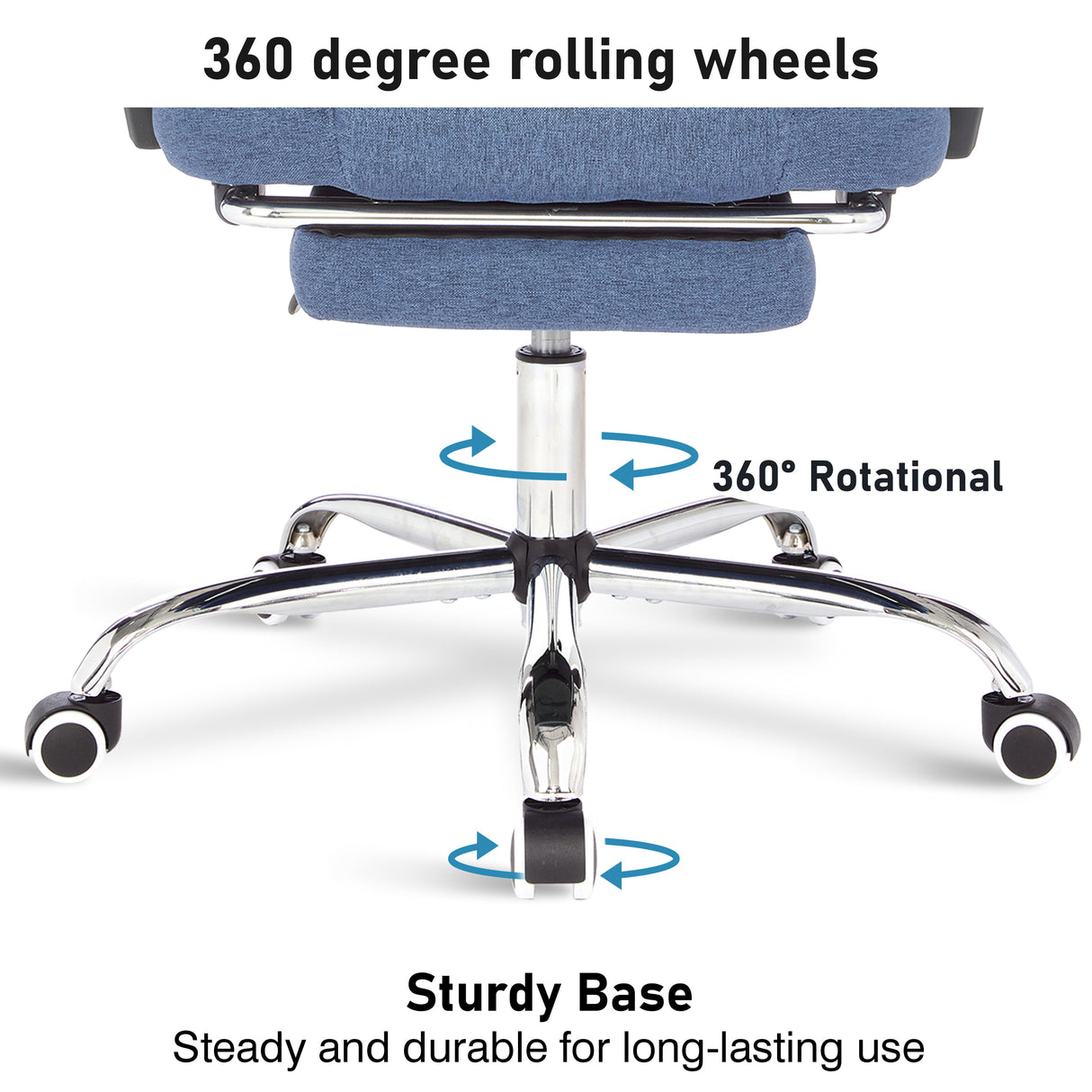 Blue swivel recliner chair with rolling wheels for easy mobility and ergonomic support.