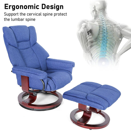 Ergonomic dark blue Recliner Swivel Armchair With Footstool | Lounge Chair designed to support lumbar and cervical spine for daily comfort.