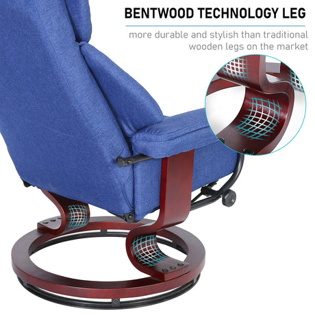 Dark blue Recliner Swivel Armchair With Footstool | Lounge Chair with bentwood technology legs, offering strength and modern aesthetics.
