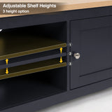 [Blue] Tavero corner TV unit adjustable shelf heights infographic showing 3 height options
