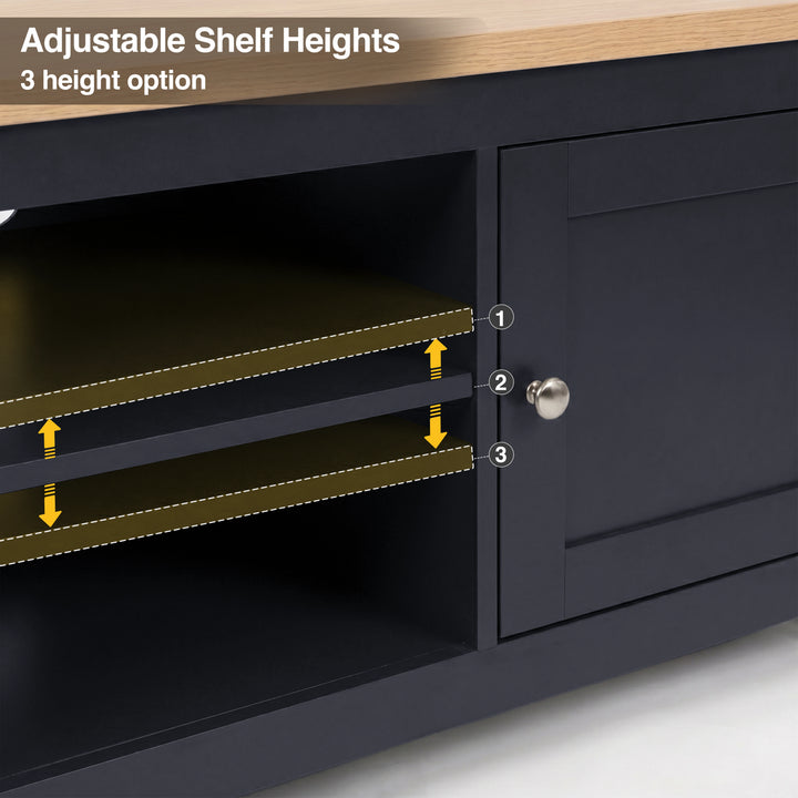 [Blue] Tavero corner TV unit adjustable shelf heights infographic showing 3 height options