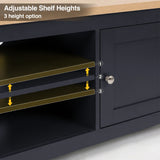 [Blue] Tavero corner TV unit adjustable shelf heights infographic showing 3 height options