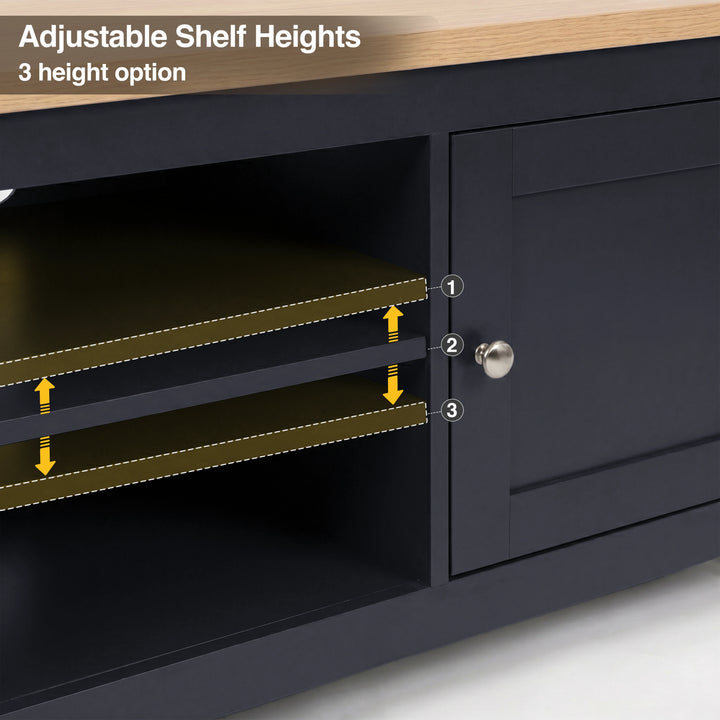 [Blue] Tavero corner TV unit adjustable shelf heights infographic showing 3 height options