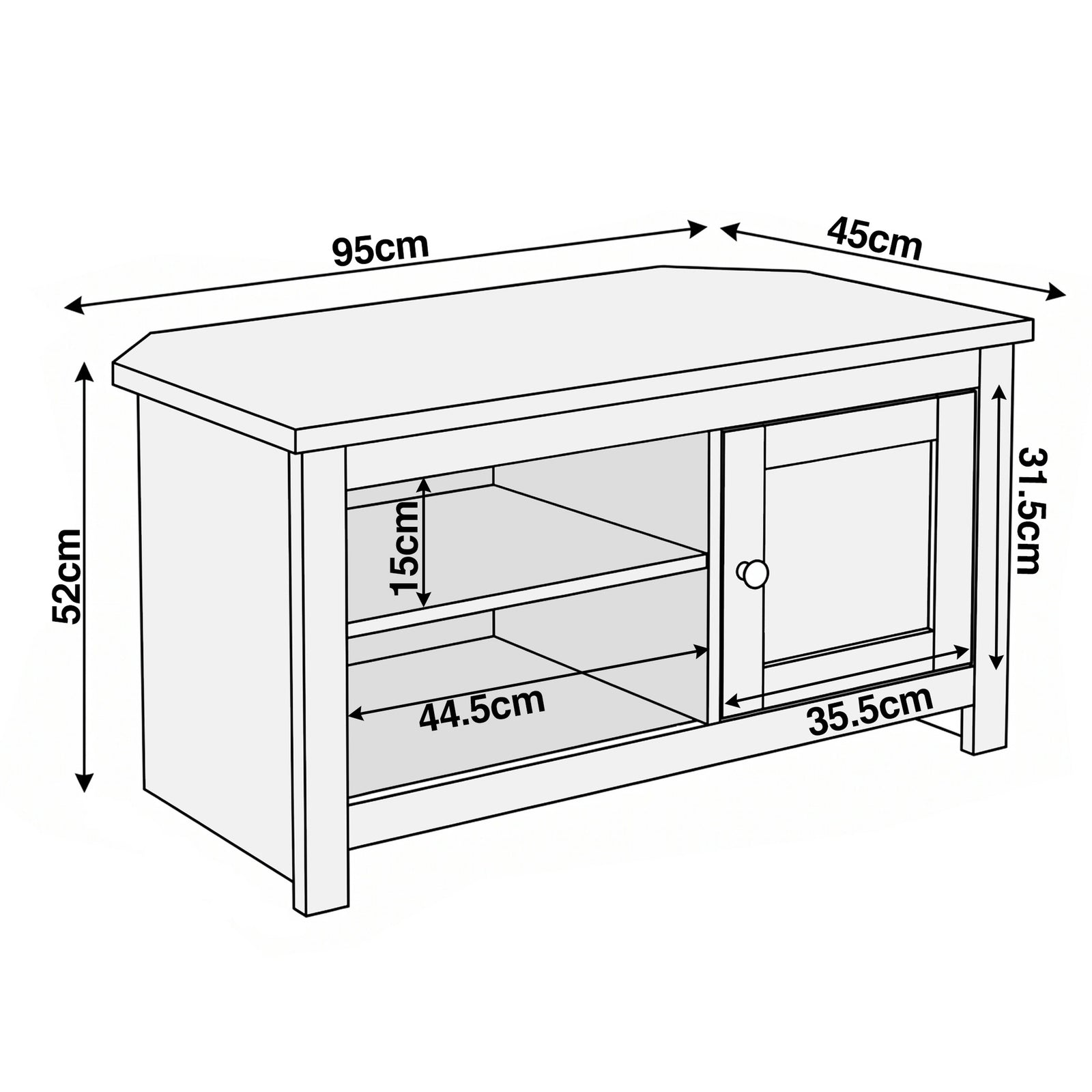 [Blue] Tavero corner TV unit dimensions: 95cm wide, 45cm deep, 52cm high, door 35.5x31.5cm, shelf 44.5cm