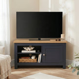 [Blue] Tavero Blue Corner TV Unit with Storage front view in warm beige corner setting with oak top, two open shelves, shaker door and brushed nickel knob