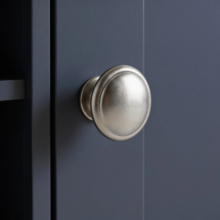 [Blue] Tavero corner TV unit metallic round knob handle close-up, quality hardware detail