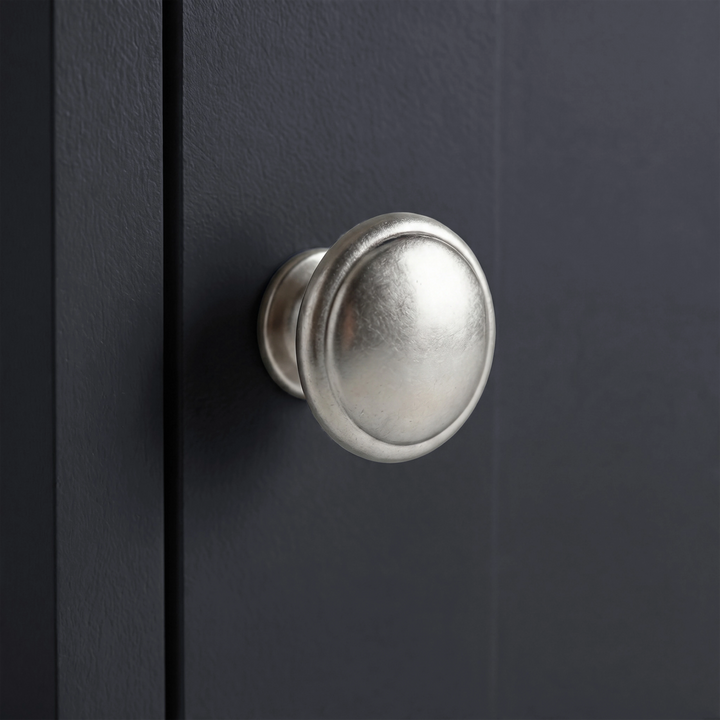 [Blue] Tavero corner TV unit metallic round knob handle close-up, quality hardware detail