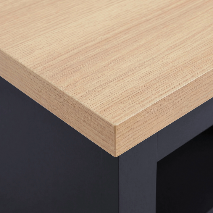 [Blue] Tavero corner TV unit oak effect top surface close-up showing warm natural wood grain
