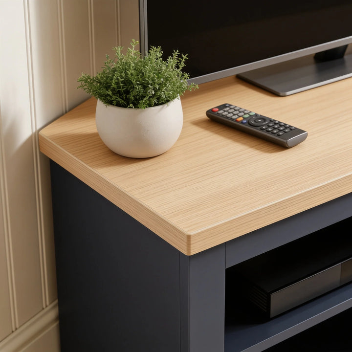 [Blue] Tavero corner TV unit oak effect top surface close-up showing warm natural wood grain