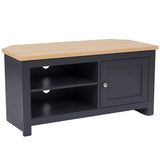 [Blue] Tavero corner TV unit on white background, full product view showing shelving and cabinet