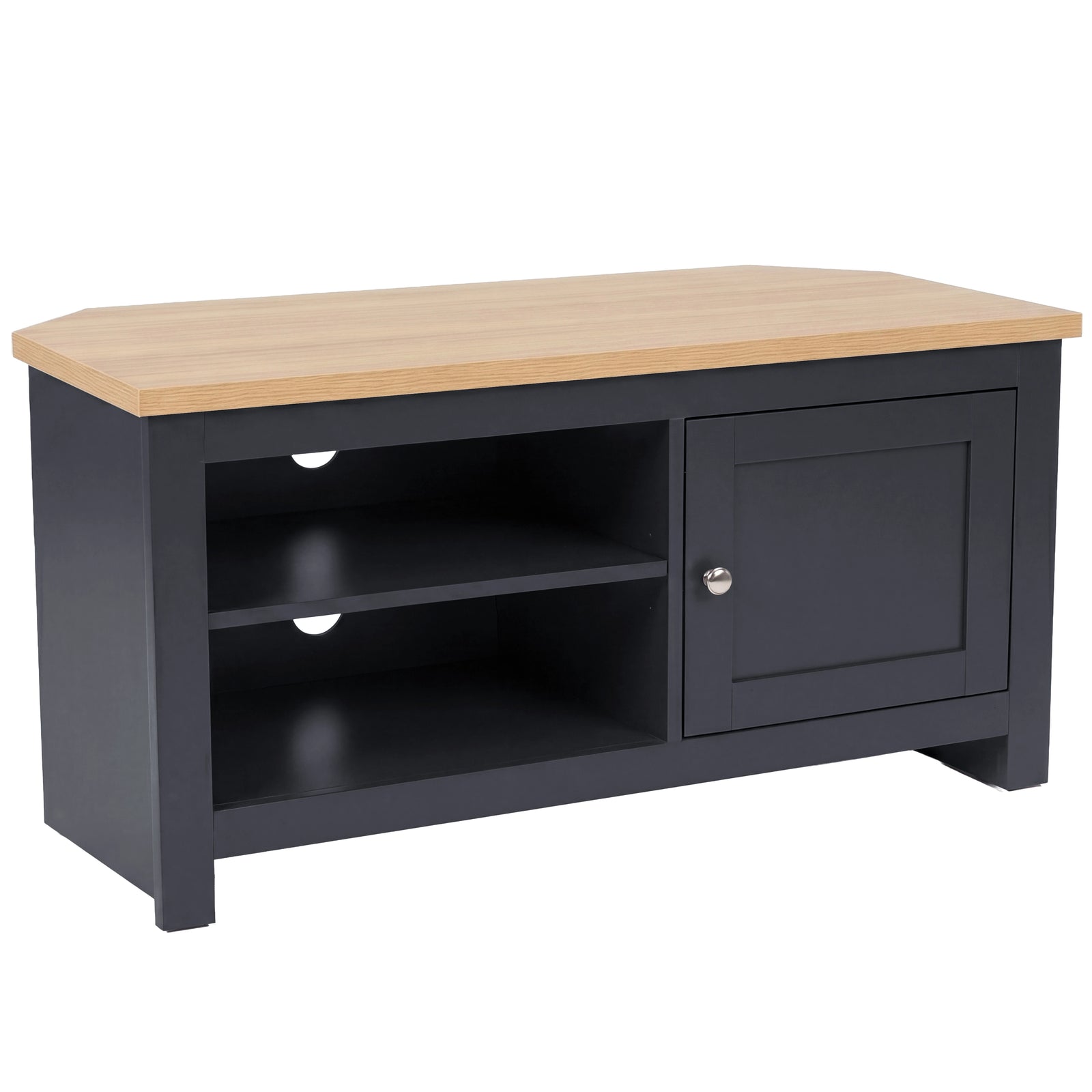 [Blue] Tavero corner TV unit on white background, full product view showing shelving and cabinet