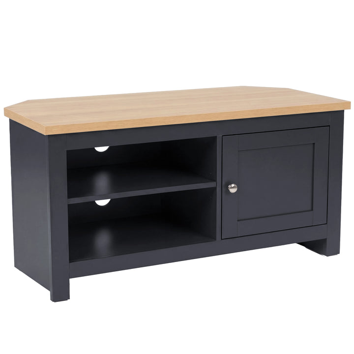 [Blue] Tavero corner TV unit on white background, full product view showing shelving and cabinet