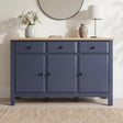 [Blue] Blue 3 Door Sideboard with 3 Drawers, 135cm Oak Veneer Top straight-on view highlighting its dark blue front.